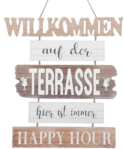 Schild Terrasse Willkommen zum Hängen Holz Tafel Wand-Deko H=61 cm + 13 cm Hänger
