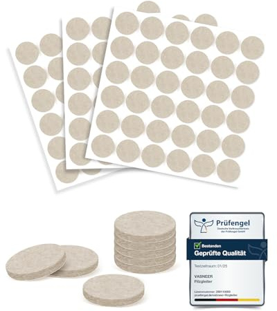 VABNEER Feltrini Sedie Rotondi - 25mm (108 Pezzi), Spessore 5mm - Feltro Adesivo per Gambe di Sedie e Mobili, Protezione per Pavimenti in Legno, Laminato e Piastrelle, Silenziosi e Antigraffio