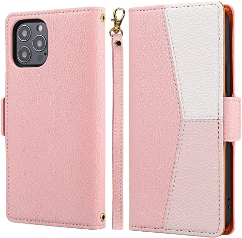 ZCDAYE Phone Case for iPhone 13 Pro Wallet Case with Card Slots Wrist Strap, Folio Flip Leather Cover for iPhone 13 Pro - Splicing Pink