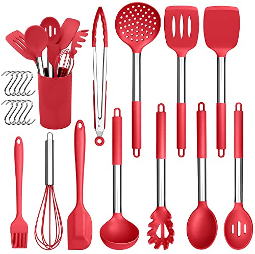 Herogo Silikon Küchenhelfer Set, 22-teiliges Kochutensilien Kochbesteck Set with Utensilienhalter, Hitzebeständiger Küchenutensilien mit Edelstahlgriff, Antihaft & Gesund, Rot