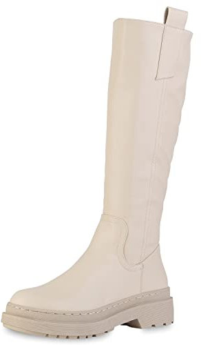 VAN HILL Damen Leicht Gefütterte Klassische Stiefel Blockabsatz Schuhe Profilsohle Schuhe Plateau Vorne Freizeitstiefel 208140 Beige 38