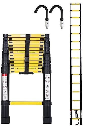 Lospitch 3,8 m teleskopstege i aluminium, multifunktionsstege med avtagbar krok, lastkapacitet 150 kg, bärbar hopfällbar stege för inomhus- och utomhusträdgård, svart gul