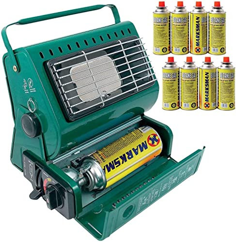 1.3KW Camping Wood Stove Portable Heater & Butane Gas Canisters Lightweight Safety Grill Automatic Ignition Temperature Control Caravan Outdoor Fishing Party Green (Heater + 8 Gas Canister)