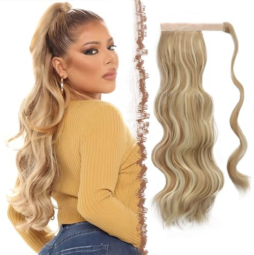 FESHFEN Zopf Pferdeschwanz Haare Extensions Lang Wellig Lockig Clip in Ponytail Synthetik Haarzopf Haarverlängerung Haarteil für Damen, Dreckiges Blond 60 cm
