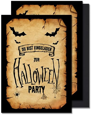 møij 12x Einladungskarten Halloween Party | inkl. schwarze Umschläge, DIN A6, stabiler Karton, gruseliges Design für Horror-Fans
