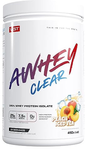 AWHEY Clear – 100% Whey Protein Isolate – Erfrischender Proteindrink mit 85g Protein pro 100g – Fettfrei, Glutenfrei, Laktosfrei – 15 Portionen – 450g (Peach Iced Tea, 450 g)