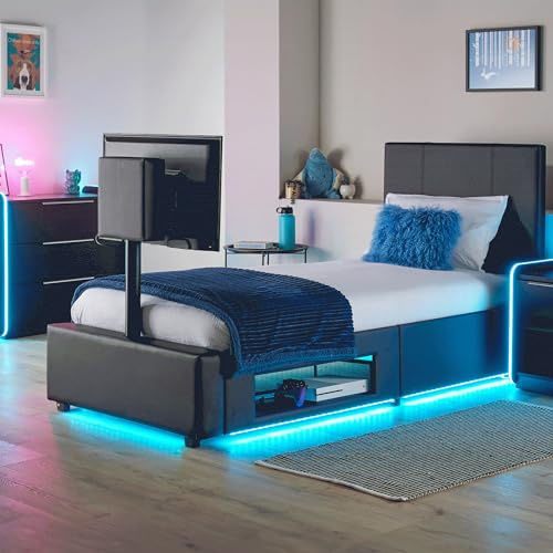 X-Rocker AVA Leather TV Bed with Rotating TV Mount 32, Storage and Cable Management, Ambient Underbed RGB LED Lighting Single 3ft Low Sleeper Bedstead, Upholstered Leather Frame XR LIVING - BLACK