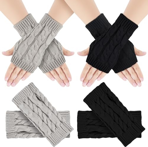 Kieswan 2 Paar Fingerlose Handschuhe Damen und Herren, Dehnbar Armstulpen Unisex Pulswärmer, Winter Strick Handstulpen ohne Fingerkuppen Dünne Handschuhe