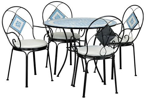 Totò Piccinni Set completo di Tavolo e 4 Poltrone con cuscino e con MOSAICO struttura in metallo con decoro in terracotta (POSITANO)
