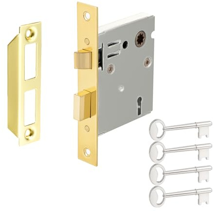 Upgraded Vintage Old Style Mortise Lock Assembly Kit with Antique Skeleton Keys and Reversible Latch Bolt, Polished Brass Interior Door Lock Set