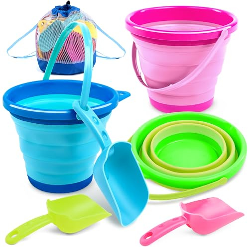 JOYIN 3 Pcs Faltbarer Eimer mit Schaufeln und Netztasche, Mehrzweckeimer für Strand, Campingausrüstung, Strandparty, Angeln und lustige Sommeraktivitäten, 3 Packungen (blau/rosa/grün)