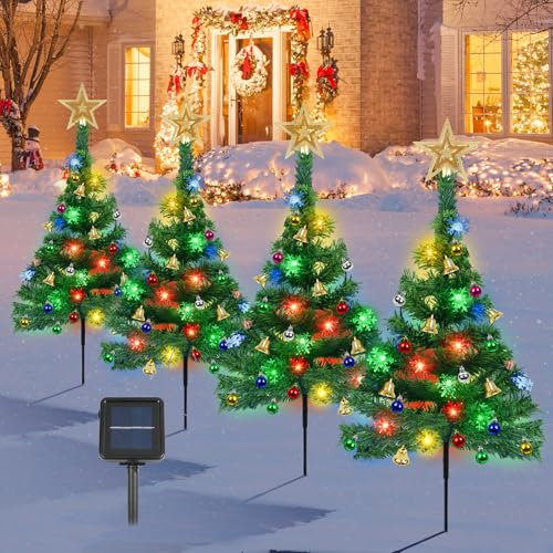 Sapin de Noël Artificiel Solaire Lumineuse, Lot de 4 Arbres de Noël avec Cimier de Sapin Étoile, Lumières Flocon de Neige, Cloches Boules, Decoration Noel Exterieur Étanche pour Jardin Chemin Cour