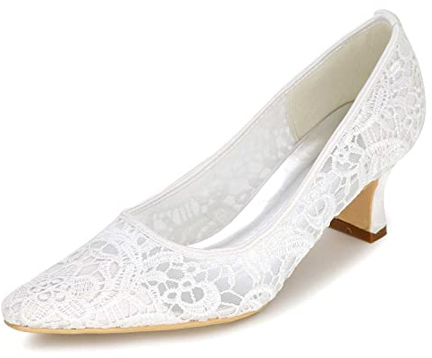 Zapatos de Mujer de Encaje con Lacets Bajos y Tacón Alto - para Boda Festiva, Fiesta Clásica con Talón - Sandalias en Marfil Blanco Negro