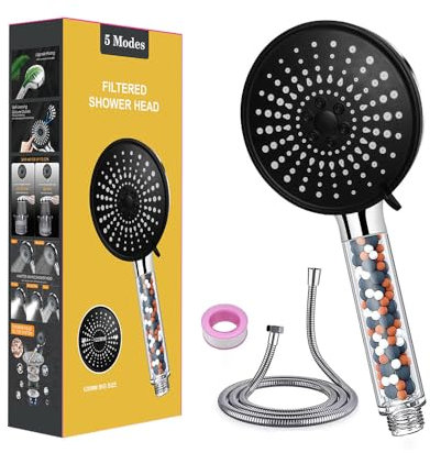Hard Water Filter Shower Head and Hose,5 Spray Modes with 1.5m Hose, High Pressure Round Handheld Shower Head Silicone Nozzles Large Powerful Flow for Residual Chlorine Remove