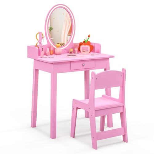 Maxmass Kids Vanity Table and Chair, Wooden Children Dressing Table with 2-Color LED Lights & Removable Mirror, Tree-Shaped Jewelry Organizer, Drawer, Princess Makeup Table for 3-8 Years Old (Pink)