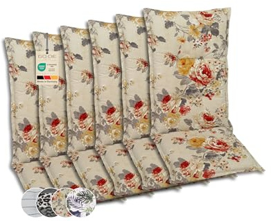 GO-DE Textil Bequeme und attraktive Polsterauflagen für Hochlehner-Gartenstühle (6er-Set, Blumen bunt beige, Hochlehner)