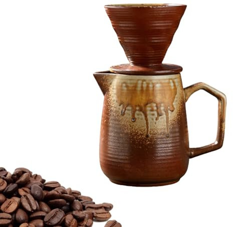 Pour Over Kaffeebereiter, Kaffeefilter Porzellan mit Tasse, 620ml / 260ml Retro Kaffeekanne mit Filter, Manueller Drip Kaffeebereiter Set, Mikrowellengeeignet Kaffeekannen (Kastanienbraun, 620 ml)