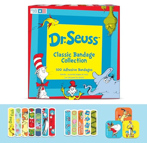Dr. Seuss Bandages, 3 Assorted Sizes 100 CT | Flexible Adhesive Bandages for Minor Cuts, Scrapes, and Burns. Wear Like Stickers. Great Gift idea for Kids.