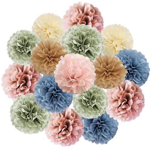 16pcs Retro Boho Tissue Paper Pom Poms Dusty Rose Blue Sage Green Brown Paper Flowers Rustic Sage Green Dusty Blue Pink Party Decorations for Vintage Bridal Shower Baby Shower Wedding Birthday