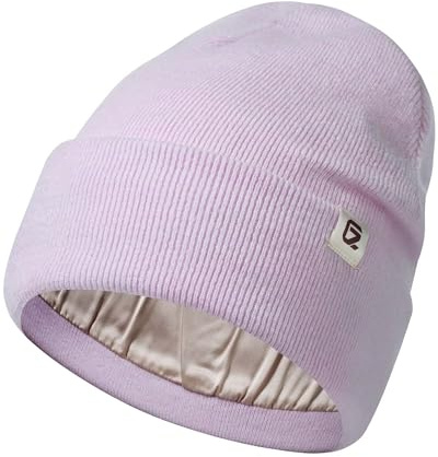 GADIEMKENSD Stickad satinfodrad mössa, ullblandning, värme, antistatisk, anti-plysch, skonsam hårvård, unisex, Ljus lila, 54/59 cm