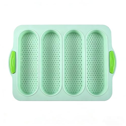 CuisineCraft French Baguette Silicone Baking Tray, Non-Stick 4-Cavity Bread Pan with Handles, Perforated Design for Even Heat Circulation (light green)