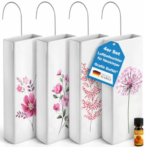 4er Set Luftbefeuchter Heizung Keramik 380ml Heizkörper Verdunster weiß mit Haken Blumenmotive Raumklima verbessern Wasserverdampfer ohne Strom - Blumenmotiv