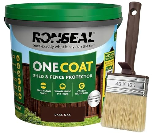 ZOPPER One Coat Fence Paint Dark Oak 5L – Waterproof Shed & Fence Paint, Quick Dry Wood Protector, Showerproof with 4 Brush
