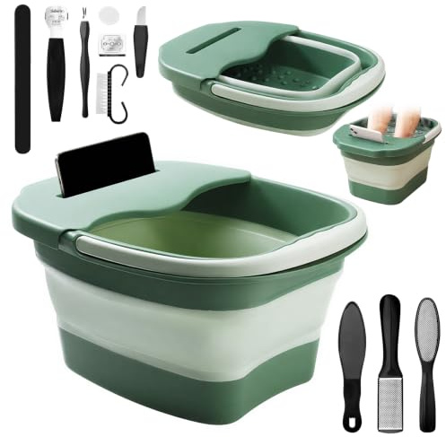 DASIAUTOEM Baignoire de pieds pliable avec massage, 10 limes à pieds en acier inoxydable et kit d'élimination des callosités, bain de pieds pour pédicure professionnelle, bain moussant pour soulager