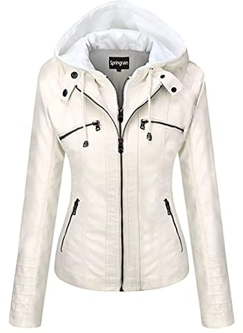 Springrain Women's Faux Leather Jacket Moto Biker Coat with Detachable Hood Motorcycle Jacket (XX-Large, White)