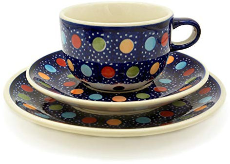 Bunzlauer Kaffee-Gedeck mit Tasse 200 ml, Untertasse und Teller 18 cm (Dekor Konfetti)