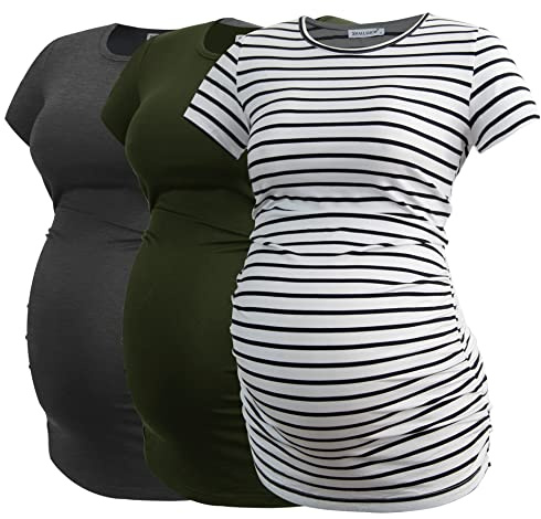 Smallshow Women's Maternity Shirt Side Ruched Tunic Pregnancy Top Clothes 3-Pack Dim Grey/Army Green/White Stripe Medium