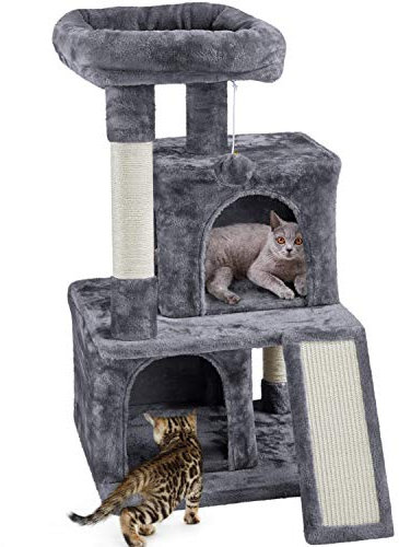 Yaheetech 3 Niveles Árbol Rascador para Gatos 49x45,5x92 cm Actividades para Gatos con Casas para Gato Plataforma y Poste Tablero para Rascar Gris Oscuro