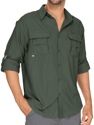 Men’s Long Sleeve Shirts UV UPF 50 Sun Protection Hiking Fishing Safari Shirt Quick Dry Cool Utility Blouse (5052 Army Green M)