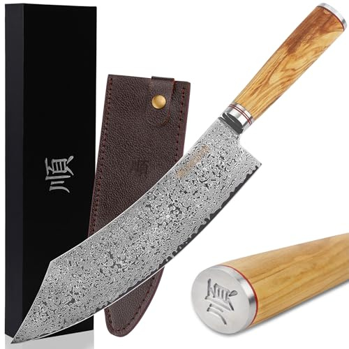 YOUSUNLONG Cuchillo de carnicero de 10 pulgadas, cuchillo de acero al carbono de Damasco, mango de madera de olivo italiano con funda de cuero