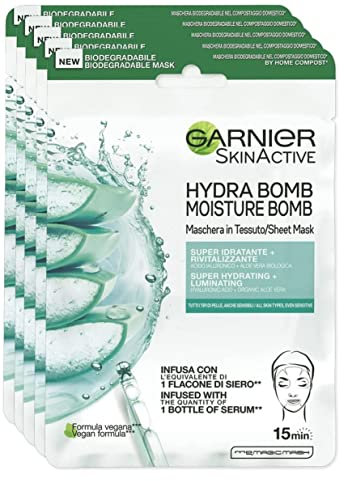 Garnier Maschera in Tessuto Skin Active Hydra Bomb, Formula Super Idratante e Rivitalizzante, Per Tutti i Tipi di Pelle, Con Acido Ialuronico e Aloe Vera Biologica, Confezione da 5