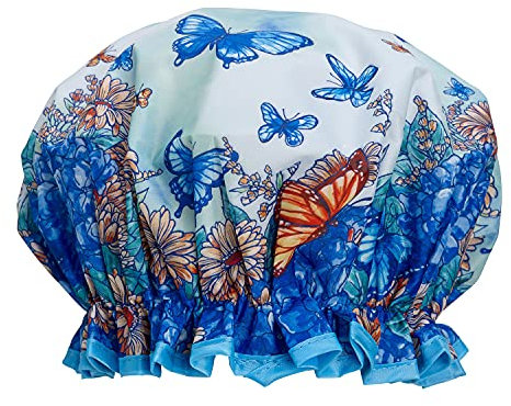 Bodylife Shower Cap Reusable Bath Cap Dual layered Waterproof Blue Butterflies 27cm