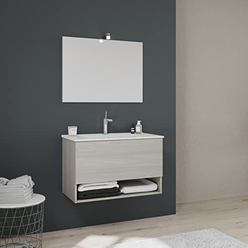 Kiamami Valentina - Mobile bagno 80cm con lavabo in ceramica, casetto grigio | Venezia