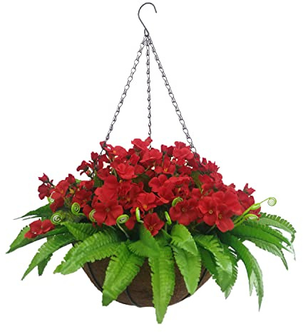 Home And Office Party DIY Chain Hanging Basket Silk Beautiful Artificial Red Begonia Flowers And Artificial Green Fern Persian Grass Decoration (Small Basket)