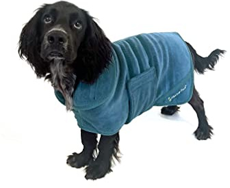 Mountain Paws Hunde-Trockenmantel, Mikrofaser-Handtuch, super saugfähig, mit verstellbarem Kragen/Kapuze und Bauchgurt, weich, schnell, Blau