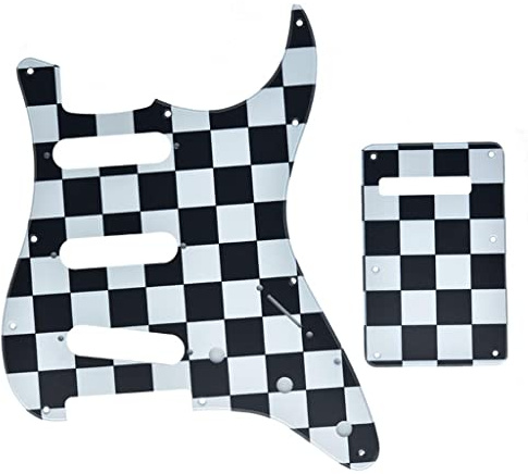 KAISH 11-Loch ST/Strat-Style Schlagbrett SSS-Pickguard mit ST-Rückplatte Tremolo-Cover für USA/Mexico Stratocaster/Strat Schwarz/Weißes Gitter