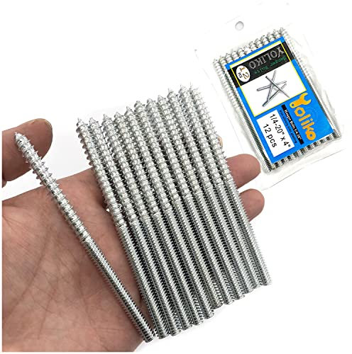 Yoliko 1/4-20 x 4 Inch Hanger Bolts, 12 Pack, Silver, Carbon Steel, Double Headed, Self-Tapping, Furniture Screws