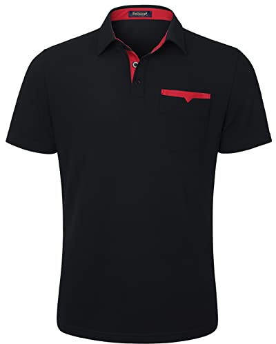 Enlision Poloshirt Herren Kurzarm Schwarz Rot Polohemd mit Brusttasche Casual Golf Poloshirts Regular Fit Sport Polo T-Shirt Männer L
