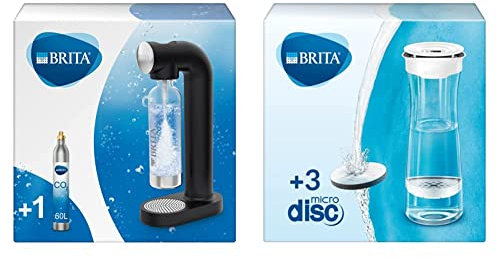 Machine à Eau Pétillante SodaONE BRITA Noire & Bouteille filtrante Blanc Graphite, réduit le chlore, le plomb et autres impuretés organiques, 3 filtres MicroDisc inclus, One Size