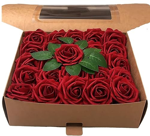50 Pezzi Rosa Rosse Artificiali, Schiuma Fiori Artificiali con foglia e gambo regolabile, Teste di Rose Finti , realistici per bouquet da sposa, Matrimoni Mazzi Nuziale Festa Casa Decorazioni