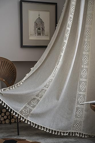 Yaofeiou Beige Vintage Vorhänge Landhausstil Balkontür Gardine Boho 2er Set Gardinen Quaste Lace Halbtransparent Vorhang Patchwork Vorhänge Aushöhlen Gardinen für Küche Esszimmer B150xH260cm
