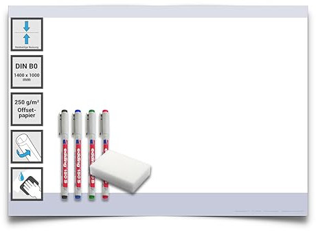 Din B0 Wiederbeschreibbare Papiertafel feucht abwischbar 100x140 cm inkl. 4er Marker und Schwamm. Beidseitig beschreibbar für Business-, Schule Familien und andere Projekte. Rückseite weiß - Gigatime