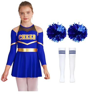 MSemis Cheer-Leader Kostüm Kinder Mädch Cheerleadingkleid mit PompomsSocken für Karneval Party Faschingskostüme Halloween Dress Up Ein Königsblau 146-152