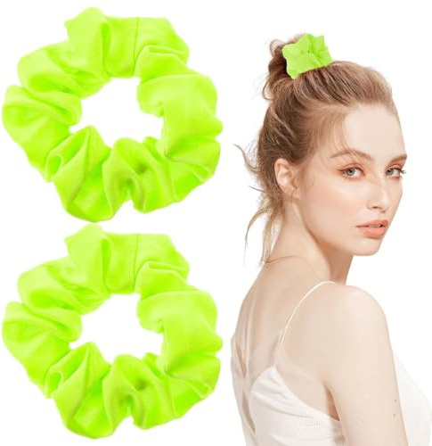 KSJEHW 2 st hårslipsar för kvinnor, scrunchie, stora neonhårband, elastiska band för hästsvansar, för kvinnor och flickor, cheerleader-festkläder (fluorescerande grön)