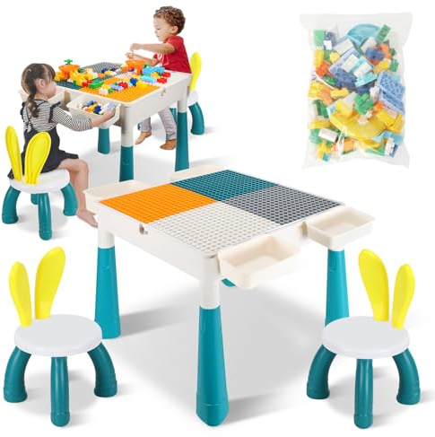 Yakimz 7-in-1-Kinder-Aktivitäts-Tischset, Kindertisch mit 2 Stühle Spieltisch mit 251 Stück Bausteine, Höhenverstellbarer Multifunktionaler Bausteine Set