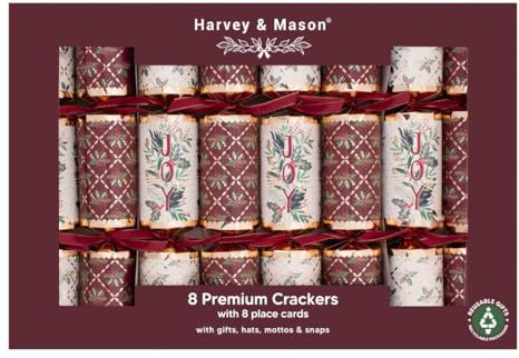 Harvey & Mason - 8 Premium-Weihnachtskracher mit 8 Platzkarten, Bordeaux- und Goldfarben